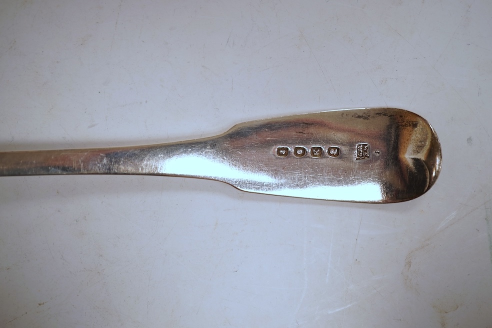 A George III silver fiddle pattern basting/strainer spoon, by Eley & Fearn, London, 1805, 30cm, 5.5oz.